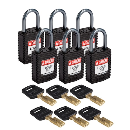 Brady Padlock, Keyed Different, Black, 6 PK CPT-BLK-25AL-KD6PK
